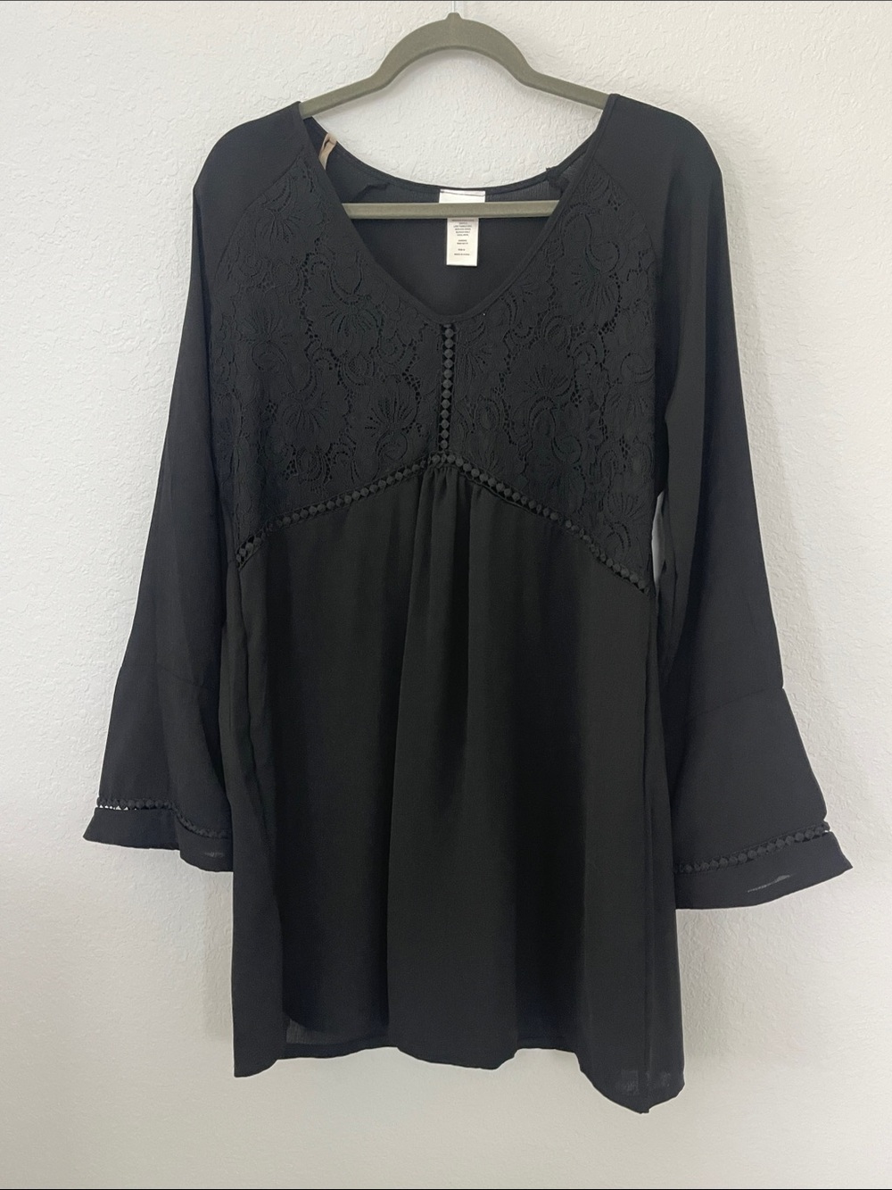 Wearabouts Black Lace Yoke Peasant Blouse Medium Boho Sheer Long Sleeve